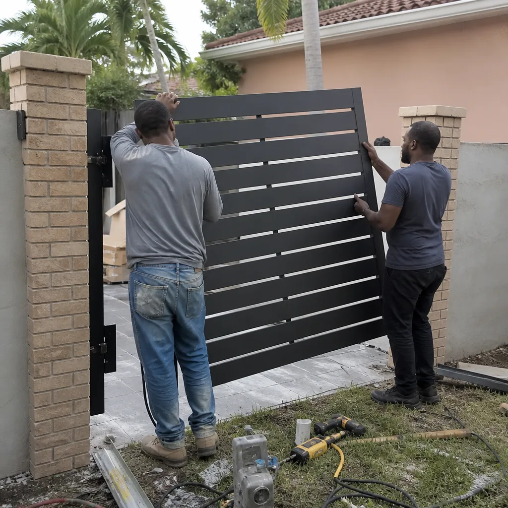 Two professionals installing a modern black metal gate between brick pillars