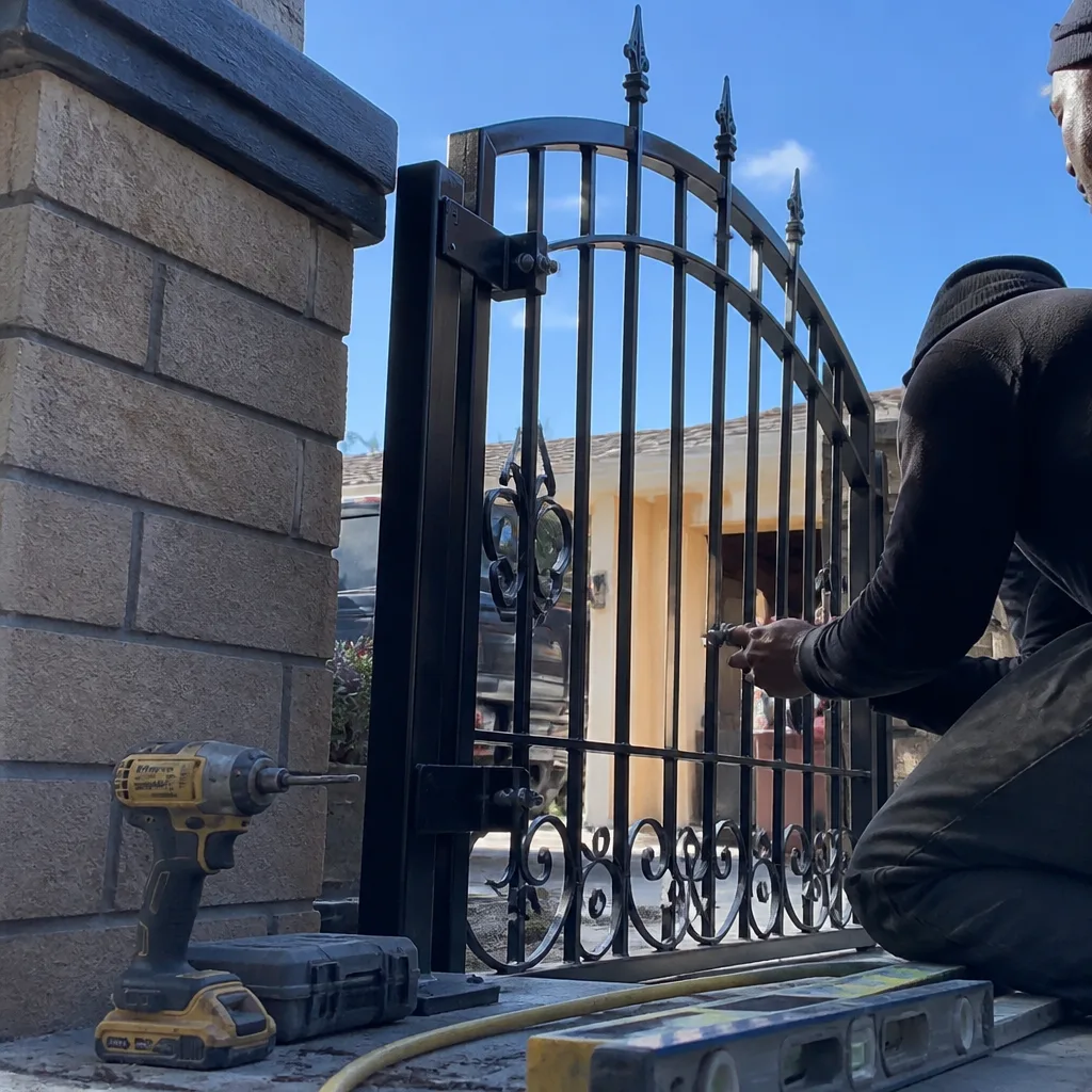 Technician installing a decorative metal gate on a brick pillar