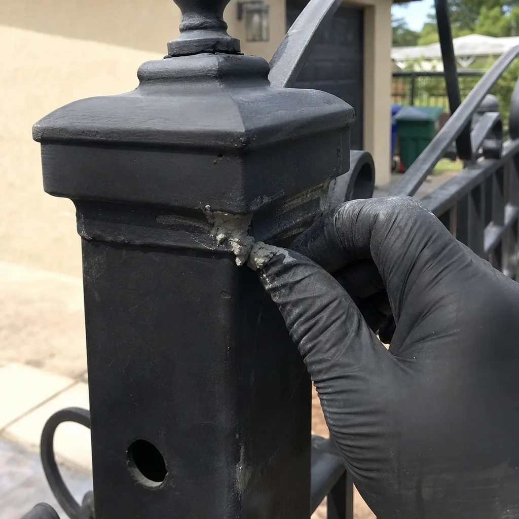 Gloved hand applying repair filler to a black metal gate post