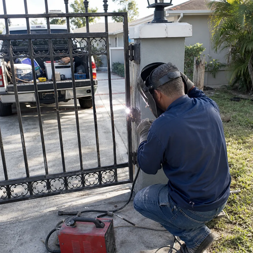 Professional contractor performing metal gate repair with welding equipment