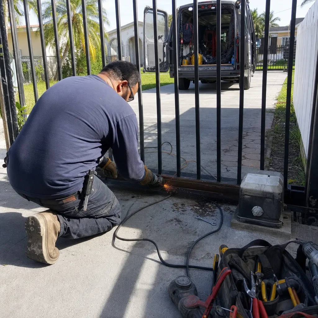 Technician performing metal gate repair with an angle grinder
